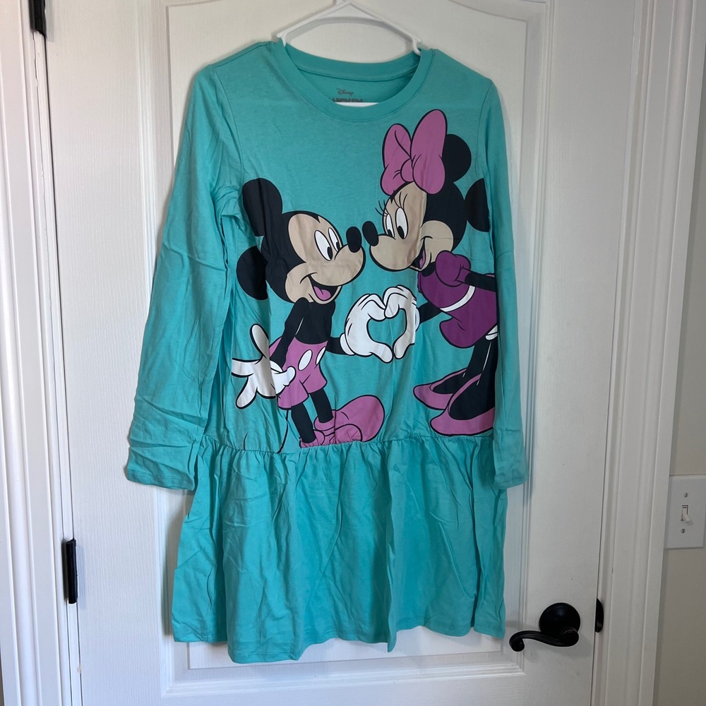 Disney Mickey Minnie Mouse‎ Teal Long Sleeve Drop Waist Graphic Dress Kids XXL